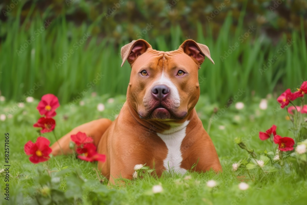 Red pet on the grass at a park with a pit bull terrier dog. Generative AI