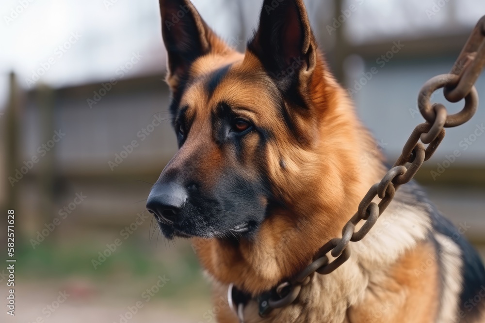 Closeup of the lovely shepherd on the chain in the yard. Generative AI