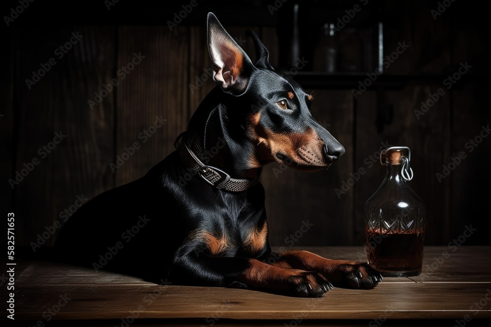 Dog. Seated on a table against the wooden planks as a backdrop. Doberman. A little dog. Miniature Pi