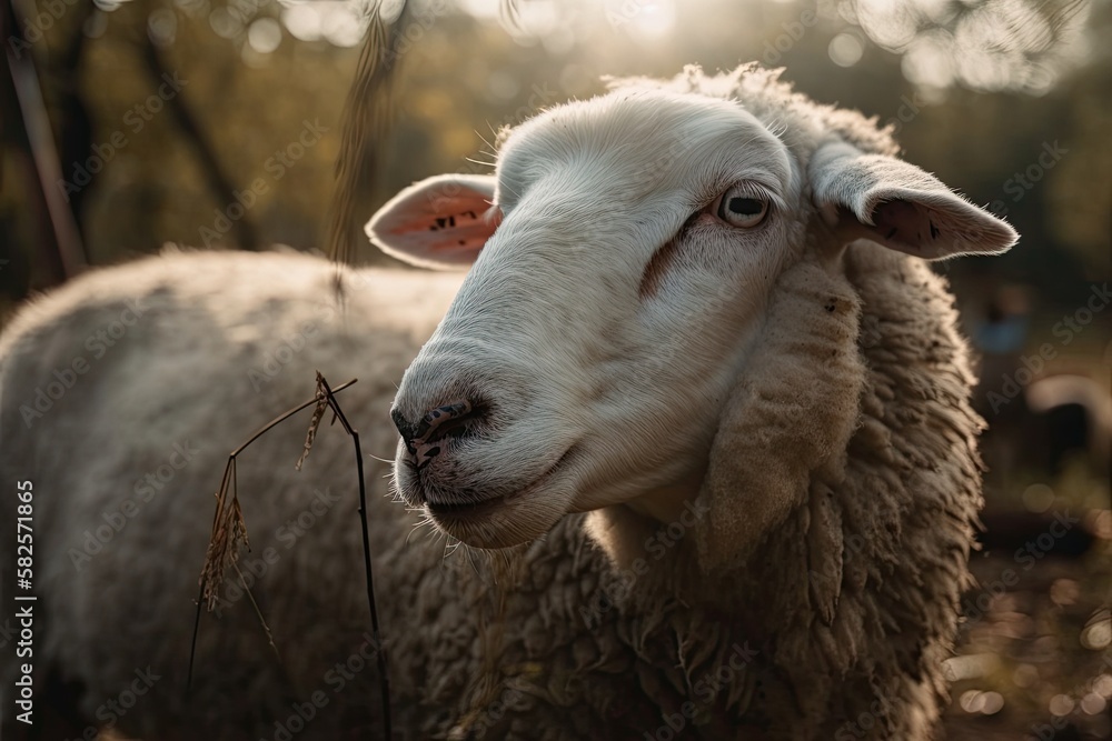 Portrait of a white sheep in a farm. Generative AI