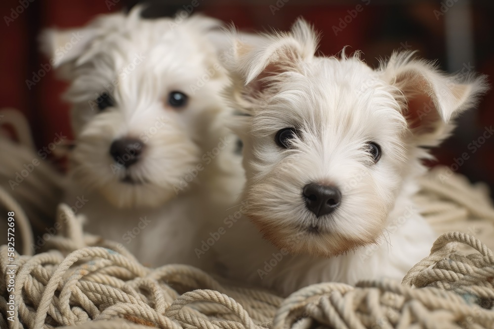 White Westies puppy with wool coils are amusing. sending a card. Generative AI