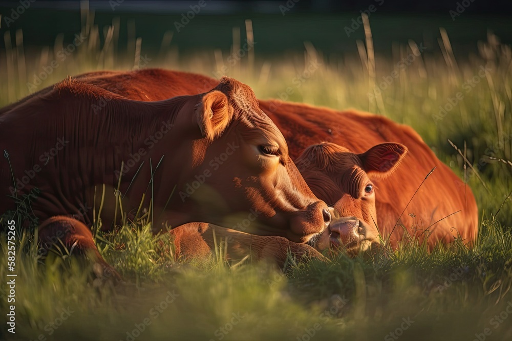 Red cow mother and calf sleeping on meadow, up close. Generative AI