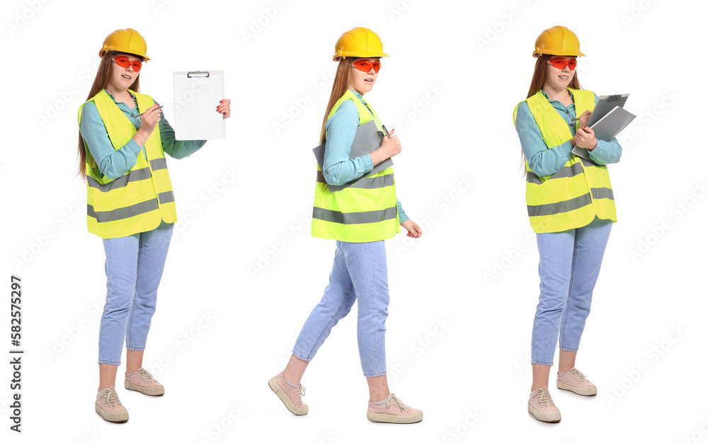 Collage of female engineer in safety vest on white background