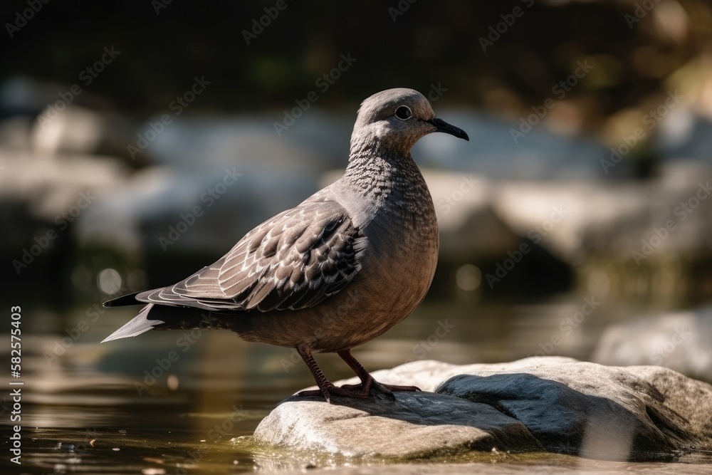 On a big stone is a gray dove. Generative AI