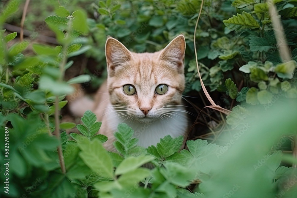 A adorable kitty among the herbs looks at the camera. View from the top. Make a copy of the spot. Ge