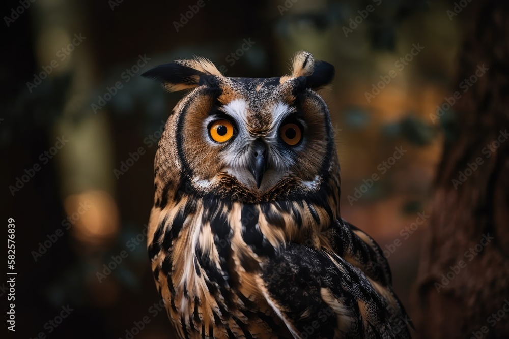 Bird in close up portrait. The northern long eared owl is a species of long eared owl (Asio otus). T