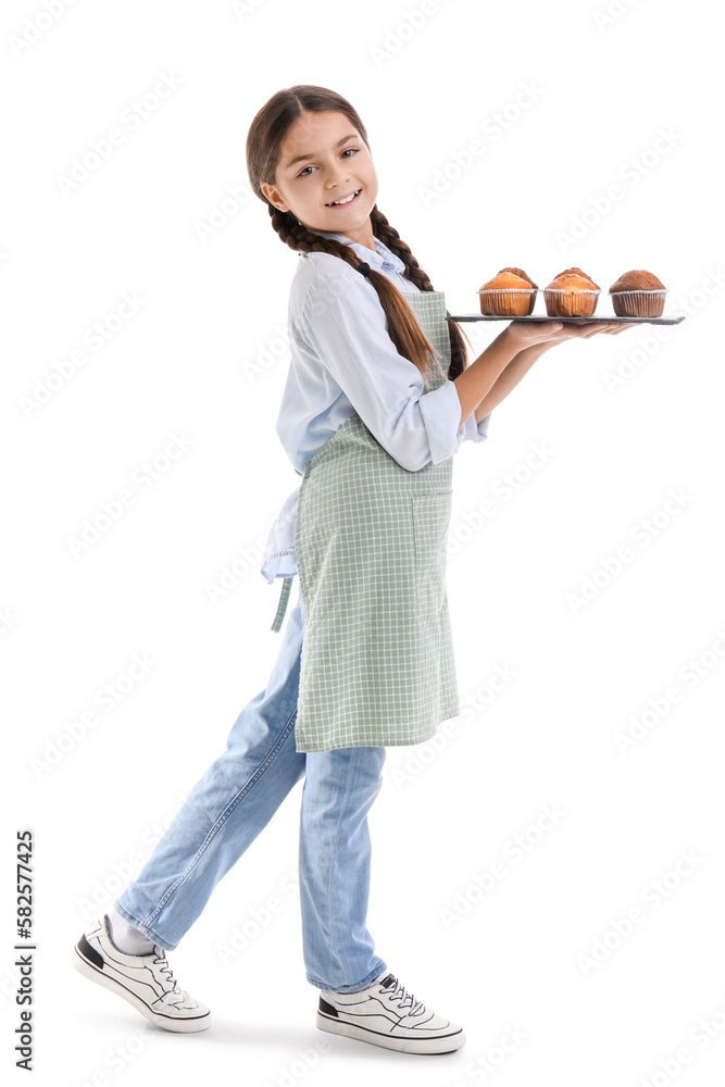 Little baker with board of tasty cupcakes on white background