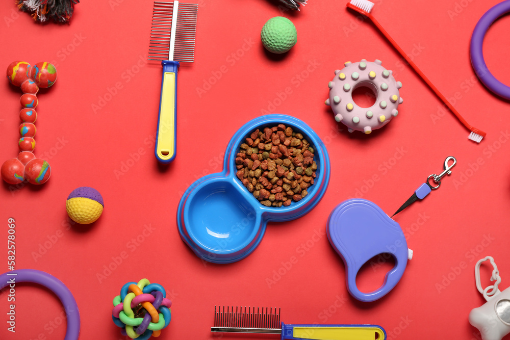 Set of pet care accessories and dry food on red background