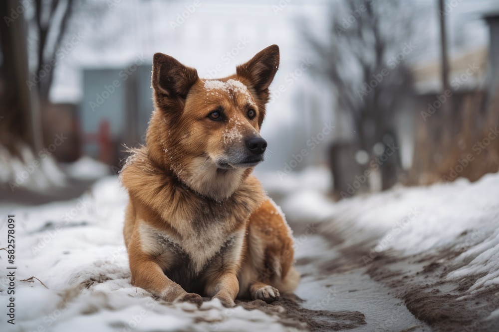 On a snowy road, a stray dog with a dejected expression rests. Generative AI