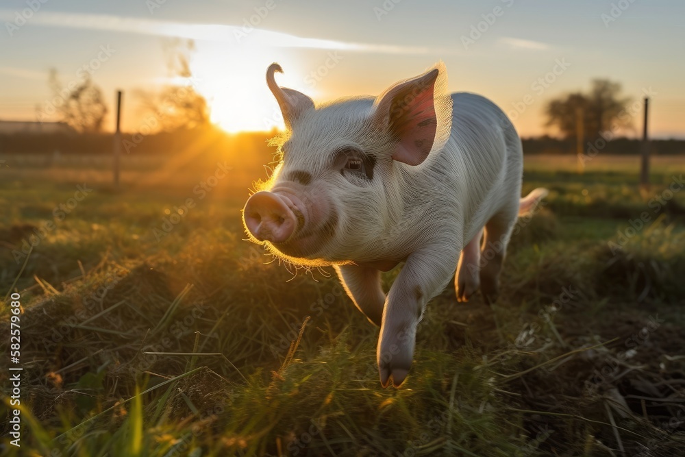 Dutch landrace sow pig frolics in her free range pen in Wiltshire, UK, during the late afternoon sun