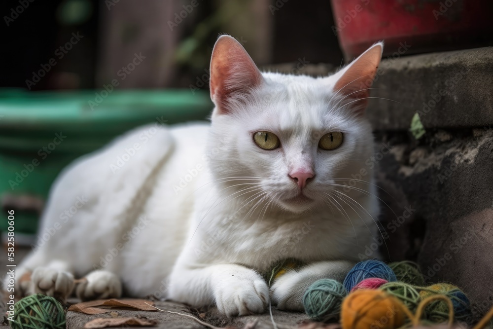 close up of a lovely white cat lying with toys against a brick wall. Generative AI