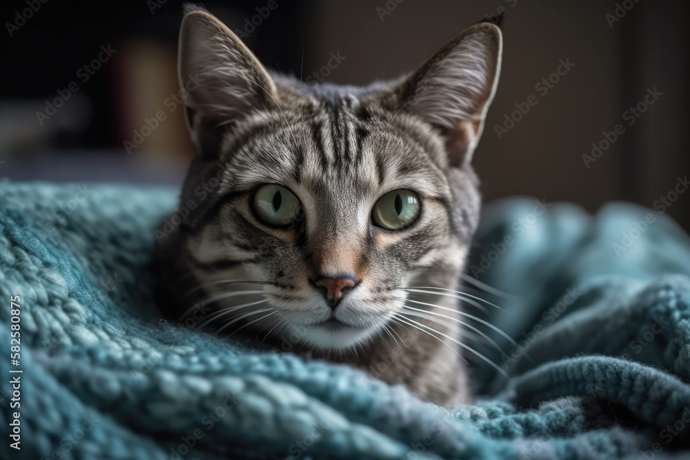 cozy blue blanket with a lovely grey tabby cat on it. Generative AI