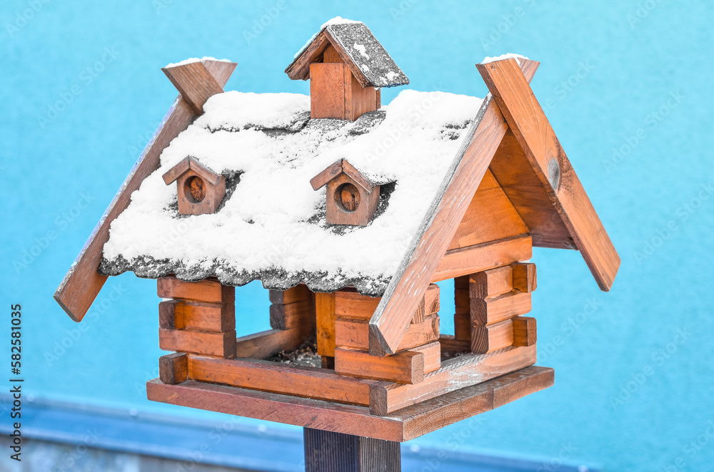 View of wooden bird house covered with snow on winter day, closeup