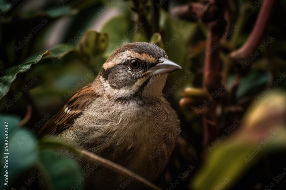 Sparrow Eating from a Delicious Plant. Generative AI