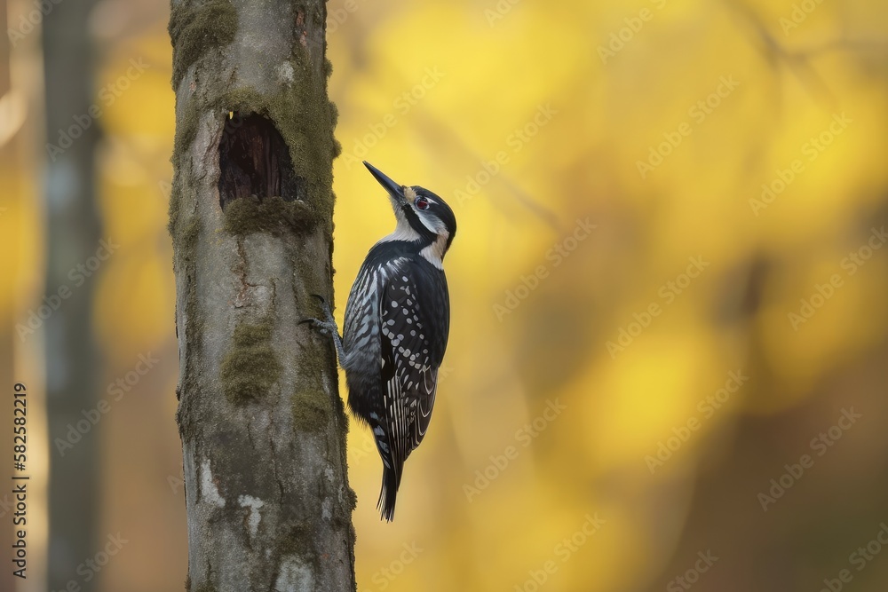 Picoides tridactylus, a three toed woodpecker, can be seen searching for food on a tree at dusk and 