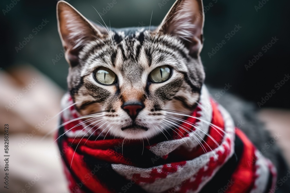 Thai cat portrait with striped scarf. Generative AI