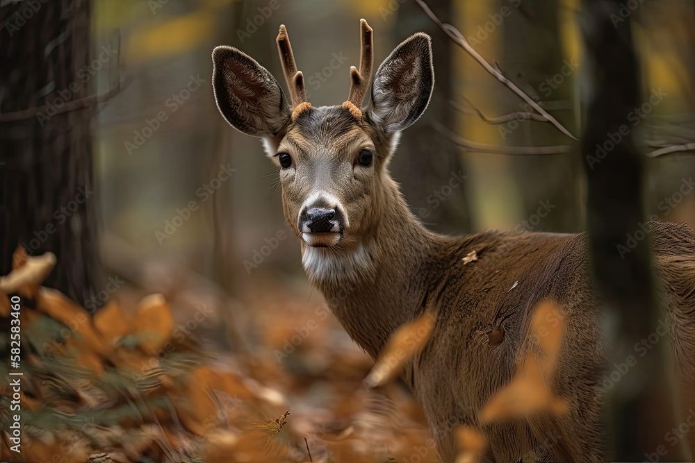 On the outskirts of the woodland, a young buck male deer with new, growing antlers. Generative AI