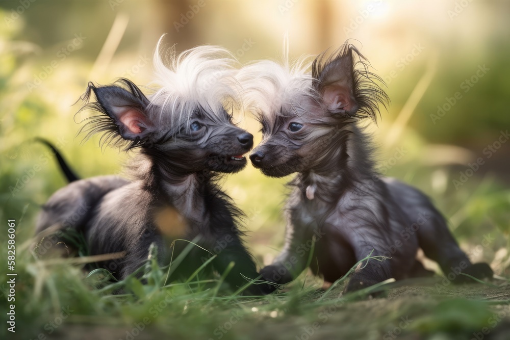 Chinese crested puppies playing together. Generative AI