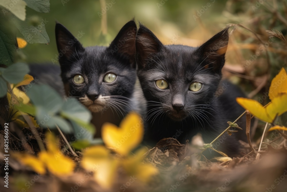 On a summer day, a little black kitten and a gray, short haired stray cat with beautiful yellow eyes