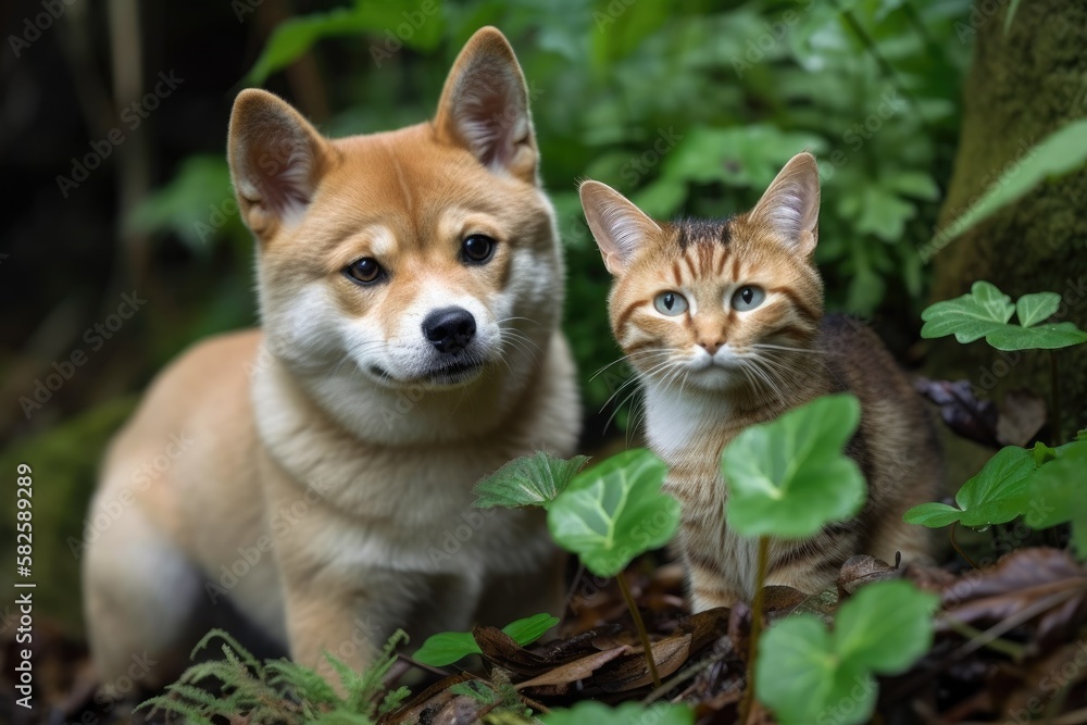 Shiba Inu puppy and his striped cat companion. Generative AI