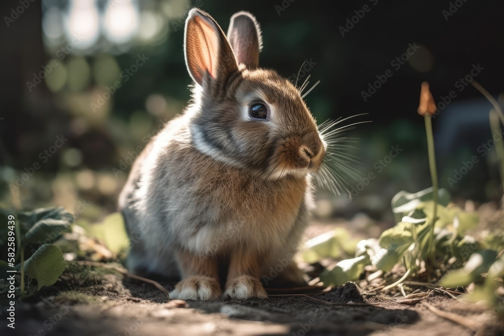 Selective focus on a cute small rabbit in a park nibbling grass. Generative AI