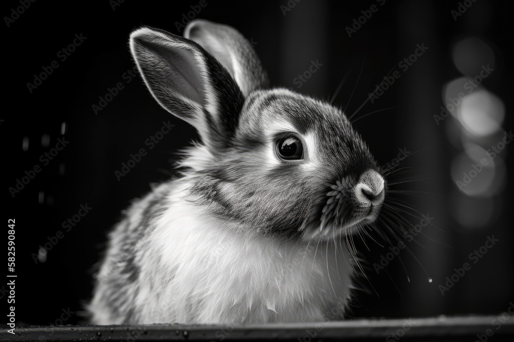 Little fluffy Rabbit in black and white. Generative AI