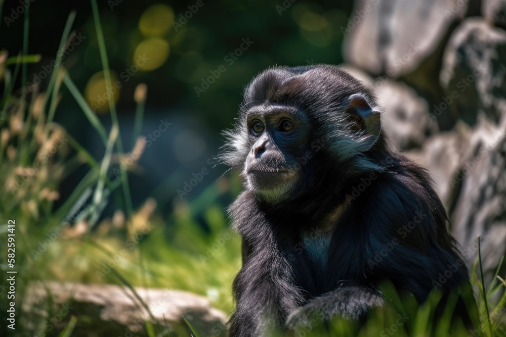 A little monkey was observing while perched on the grass. Generative AI