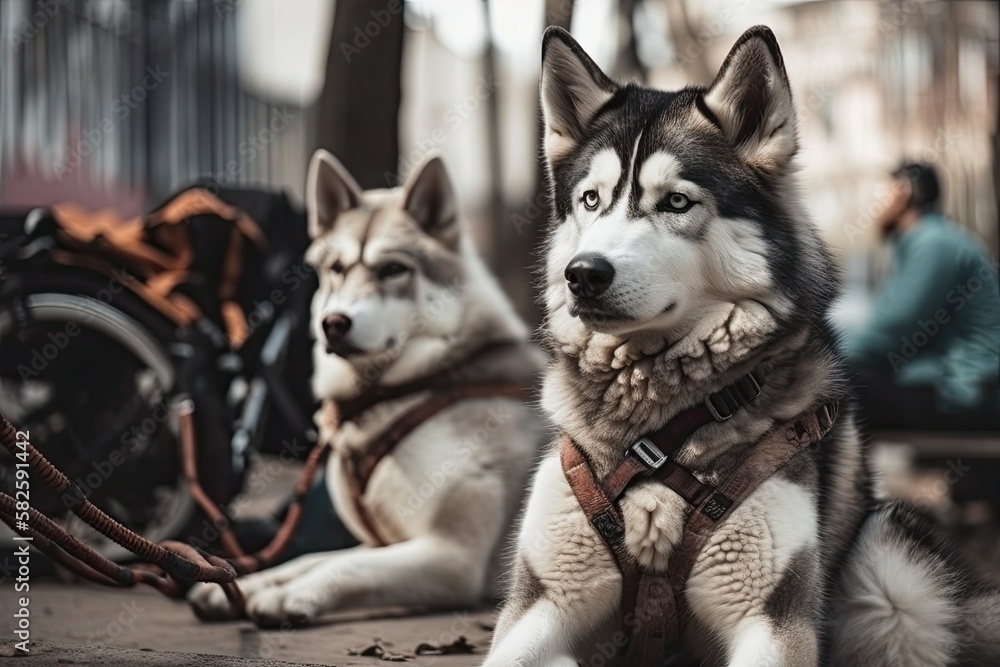 Husky dogs take a break before working in a harness. Generative AI