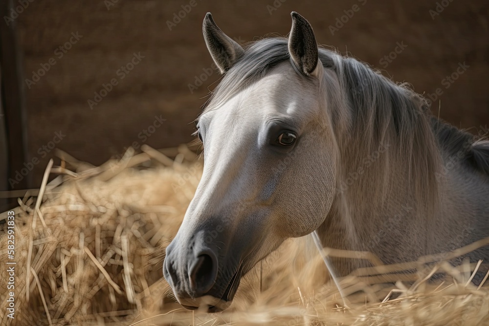 An image of an arabian grey horse on a background of straw. Generative AI