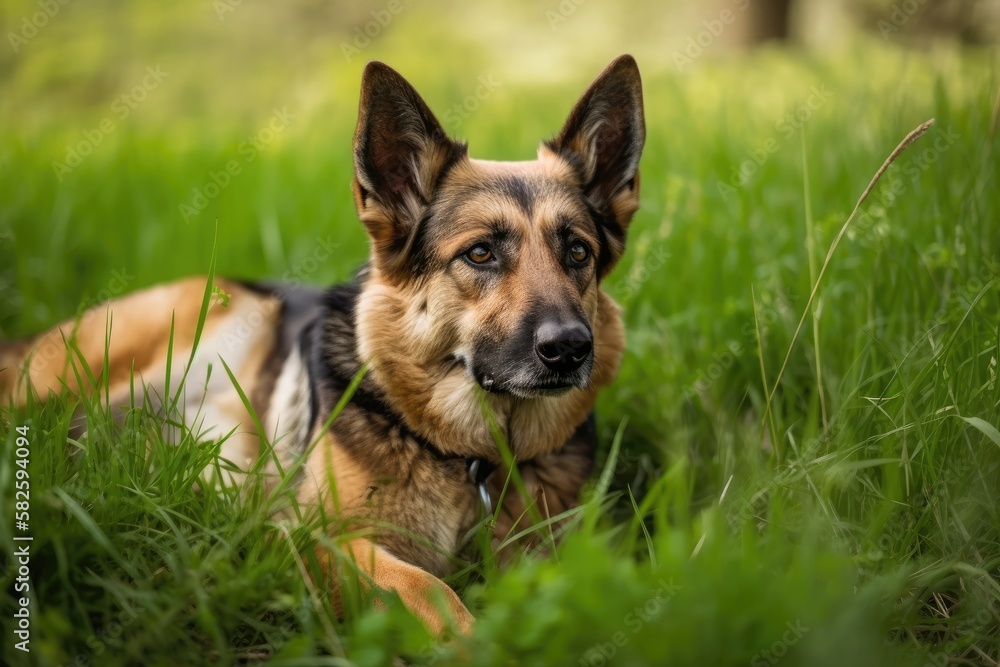 A cute mongrel dog sits in the grass in the meadow. Generative AI