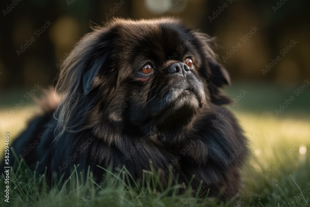 A dark colored Pekingese dog rests on some grass. Generative AI