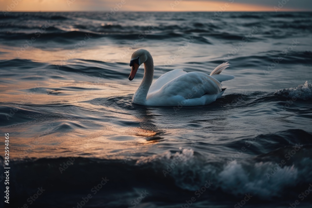 Around dusk, along the Baltic coast in the Kaliningrad area of Russia, a swan is seen floating in th