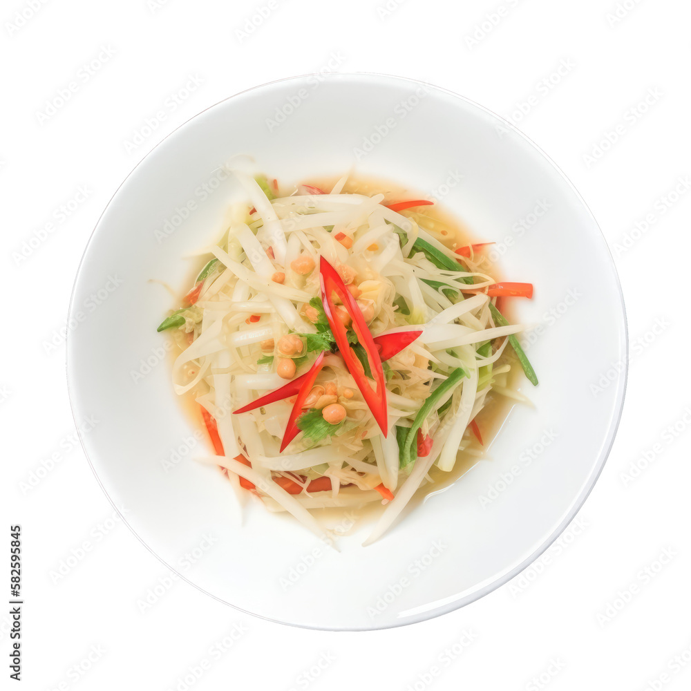 Thai food - som tum (spicy green papaya salad), isolated on transparent background cutout , generati