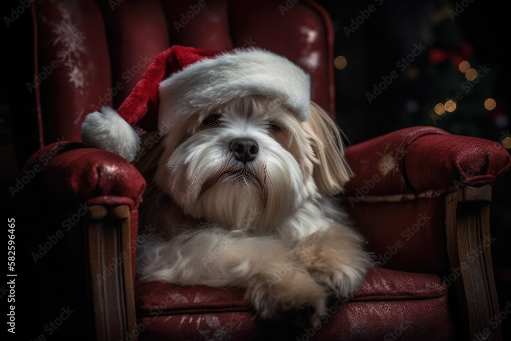 After presenting gifts to nice youngsters, Santas dog is reclining on an old chair. Generative AI