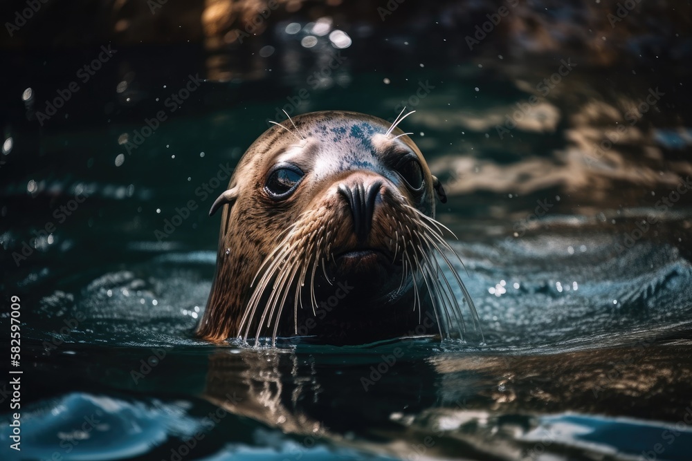 picture of a sea lion swimming in emerald water. Generative AI