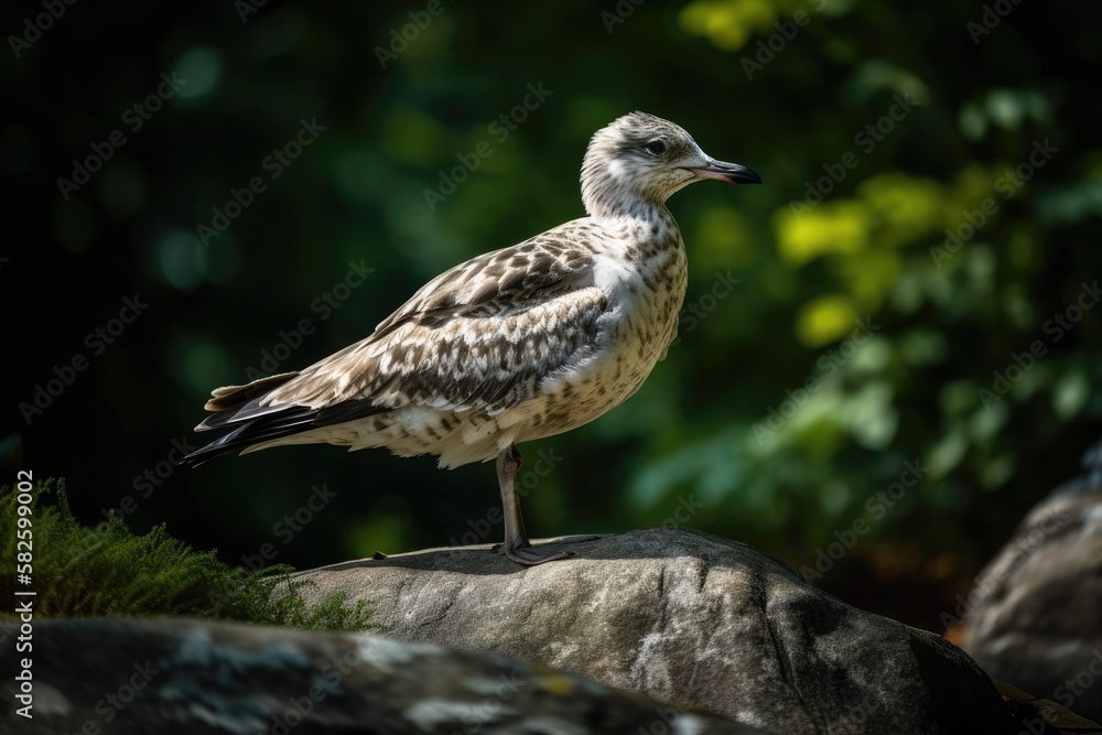 a young gull perched on a rock and anticipating the arrival of his mother with some fish. Generative