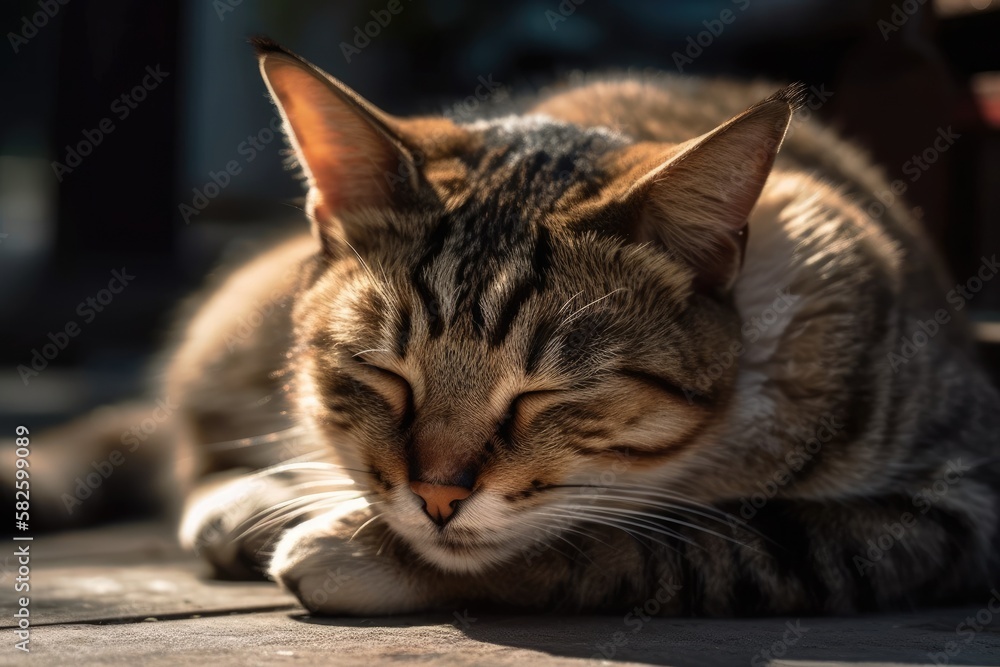 Thai cat that is adorably asleep and resting on the ground in the bright sunshine. Idea of a lazy pe