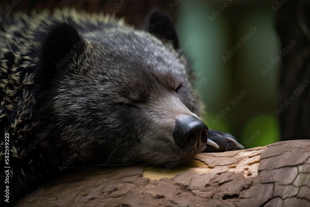 A sleeping binturong bear is depicted in closeup on a wood trunk. Generative AI