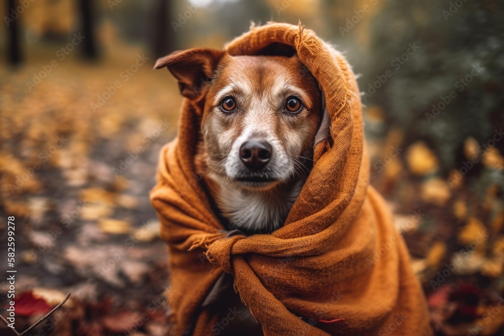 dog covered in a blanket in a park in the fall. Generative AI