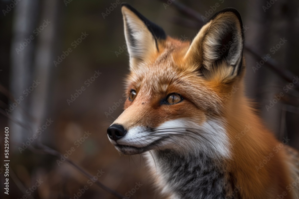 A close up photograph of a red fox (Vulpes vulpes) in Canadas Algonquin Park. Generative AI