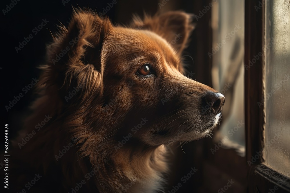 Brown dog guarding the house is fixated on something that is hazy and softly focused. Generative AI