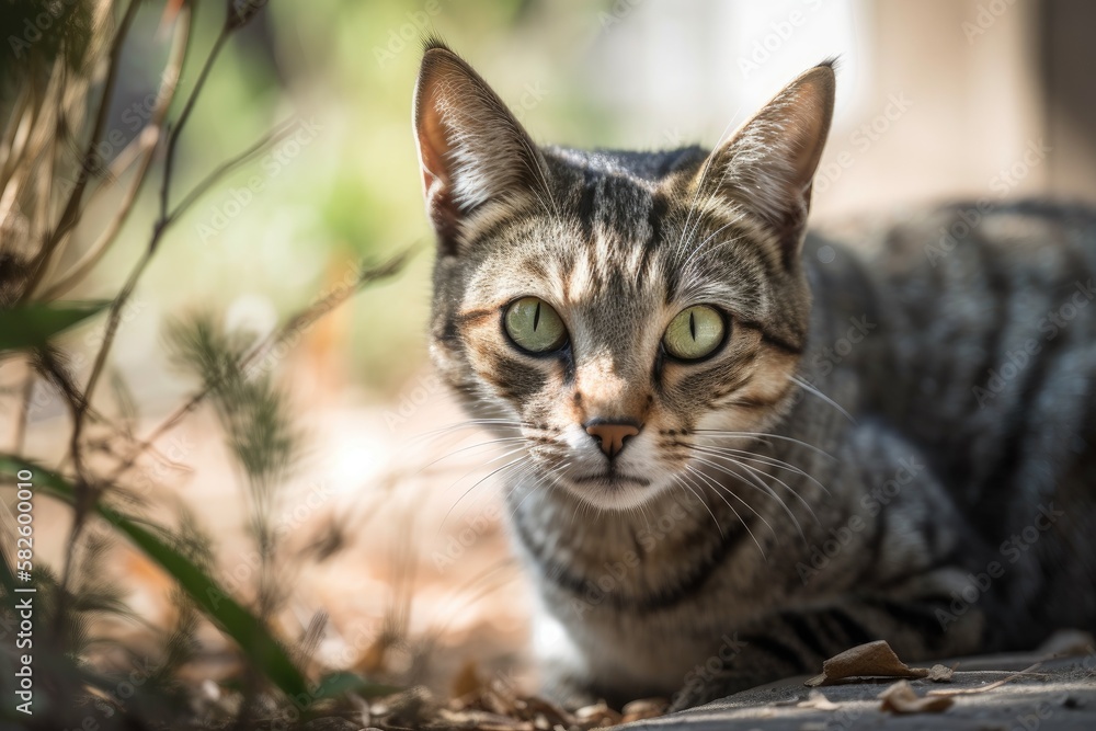 A lovely cat is seen playing in a homes front yard. Generative AI