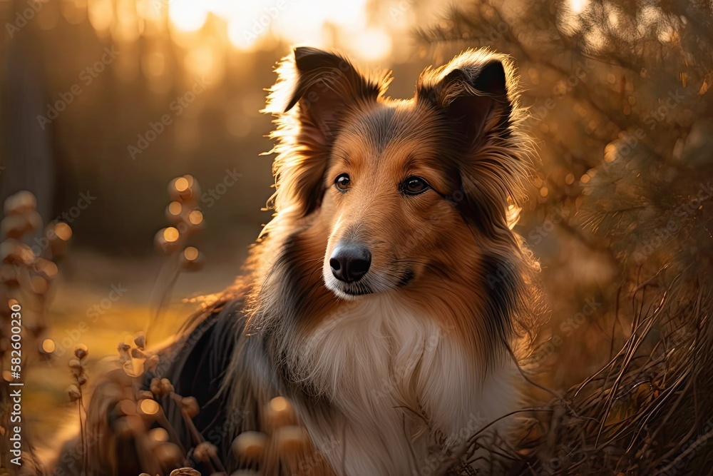 Shetland Sheepdog resting in front of a sunset. Generative AI