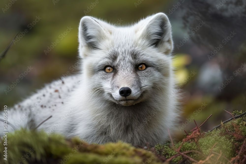 A young male Arctic Fox sits down (Vulpes lagopus). Generative AI