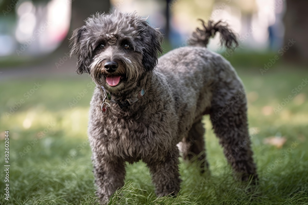 Close up of a trained dog, a gray shaggy poodle, standing on its hind legs while strolling in a park