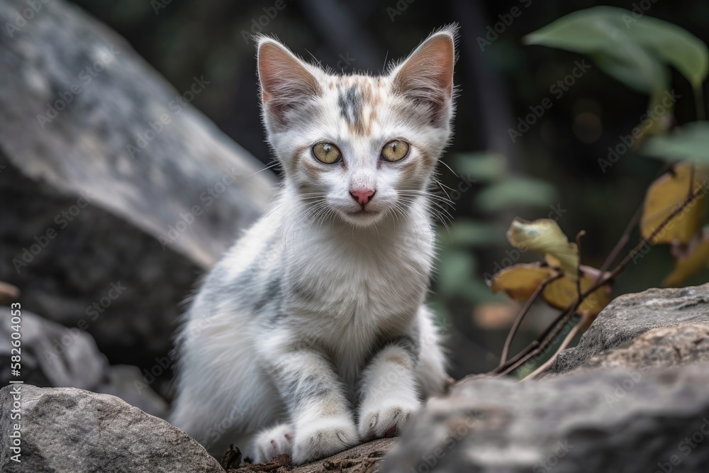 domestic kitten, white and gray kitten, and kitten perched on a rock. Generative AI