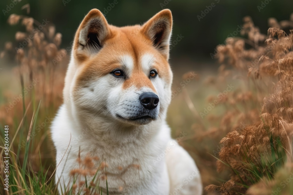 Akita Inu canine on lush grass. Generative AI