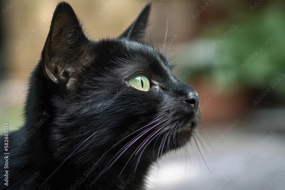 Black cat portrait with a close up side view gazing off into the distance at a bird. Generative AI