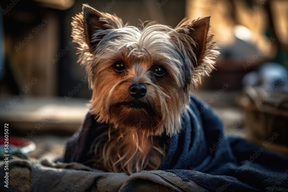 A Yorkshire terrier grooms itself while lying on a blanket. Generative AI