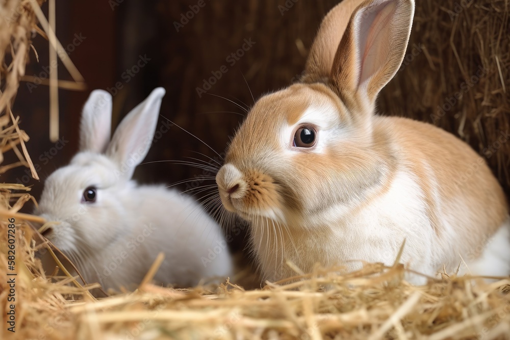 Close up photo of a rabbit grumble and a little darling looking around his hay nest. Generative AI